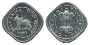 Anna Series, Cupro-Nickel ½ Anna, Bull walking to left, 1950. Proof, in Mint State, Rare.