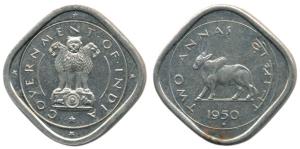 Anna Series, Cupro-Nickel 2 Annas, Bull walking to left, 1950. Proof, in Mint State, Rare.