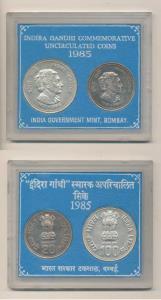 1985 Uncirculated Set, Death of Indira Gandhi, set of 2, Rupees 20 and 100. Within origina