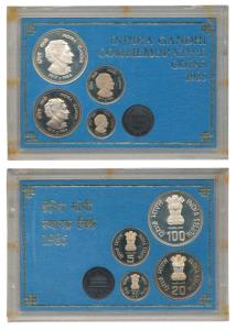 1985 Proof Set, Death of Indira Gandhi, set of 4, 50 Paisa to Rupees 100. In immaculate co