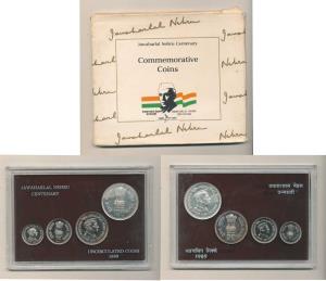 1989 Uncirculated Set, Jawaharlal Nehru Centenary, set of 4, Rupee 1 to 100. Within origin