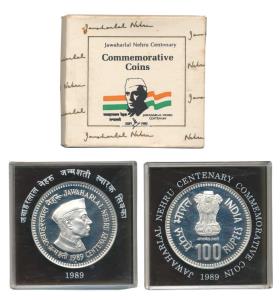 1989 Proof, Jawaharlal Nehru Birth Centenary, Rupees 100, Bombay Mint. In immaculate condi