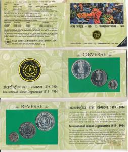 1994 Uncirculated Set, World of work, set of 3, Rupees 5 to 100. In immaculate condition, 