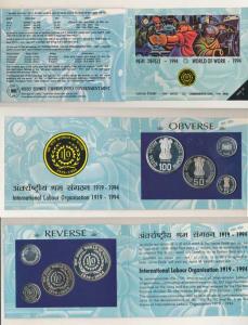 1994 Proof Set, World of work, set of 3, Rupees 5 to 100. In immaculate condition, within 