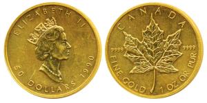 Canada, Elizabeth II, Gold $50, 1oz, 31.1g, 1990, Maple leaf, 9999 on rev. Uncirculated.