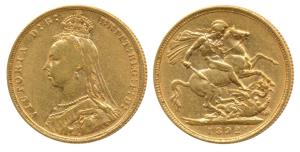 Great Britain, Victoria, Gold Sovereign, 8g, 1892, Jubilee head, St. George slaying a drag