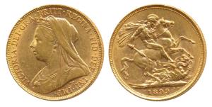 Great Britain, Victoria Queen, Gold Sovereign, 8g, 1899, veiled head. About Extremely Fine