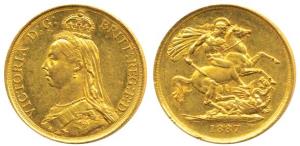Great Britain, Victoria Queen, Gold 2 Pounds, 15.88g, Jubilee head, St. George slaying a d