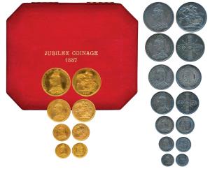 Great Britain, Gold and Silver, Queen Victoria, 1887, set of 11, Gold 5 Pounds, 2 Pounds, 