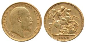 Great Britain, Edward VII, Gold Sovereign, 8g, 1902, St. George slaying a dragon on rev. (