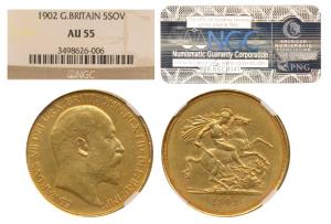 Great Britain, Edward VII, Gold 5 Pounds, 40g, St. George slaying a dragon on rev., 1902. 