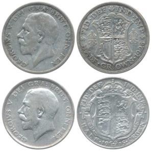 Great Britain, George V, Silver ½ Crown, two different, with and without crowned arms mono