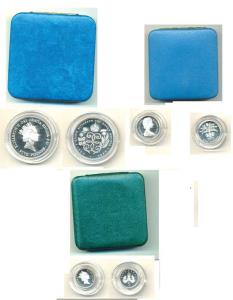 Great Britain, Silver 5 Pence, 6.5g, 1990; Silver Pound, 9.5g, 1984; Silver 5 Pounds, 28.2