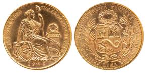 Peru, Gold 100 Soles, 46.8g, 1965, seated liberty on obv., coat of arms on rev. (Fr 78, KM