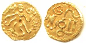 Sri Lanka, Chola Fanam, Gold ¼ Pagoda, 0.87g, king on obv., with Lanka written on rev. (De