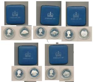 A set of Silver Crowns (5), each 28g, St. Helena, Tristan Da Cunha, Bailiwick Of Guernsey 