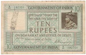 George V, Rupees 10, 1st issue, 1925, signed H Denning, prefix B, serial number in top lef