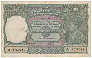 George VI, Rupees 100, 1st issue, 1938, Karachi, signed J. B. Taylor, (J&R 7.1D). Fine+, V