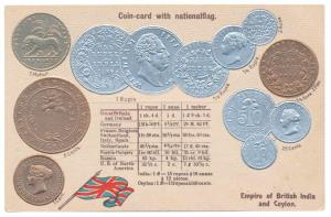Embossed Postcard with impression of British India (William and Victoria Rupee and Mohur) 