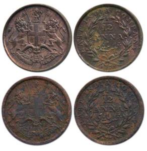 Copper 1/12 Anna, 1835, Madras and Bombay Mint, (Prid 161 & 162). Very Fine+ to Extremely 