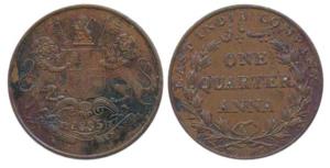 Copper ¼ Anna, 1835, Bombay Mint, 30 Berries (15 L+15 R), large loops to the ribbon bow, s