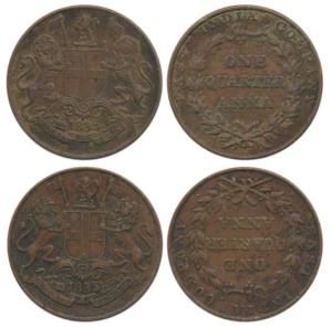 Copper ¼ Anna (2), 1835, Madras Mint, 18 Berries (9 L+9 R), slanting top to numeral 1, Y o