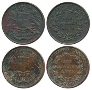 Copper ¼ Anna (2), 1835, Calcutta Mint, 17 Berries (8 L+9 R), Y of COMPANY above a berry w