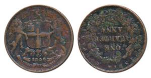 Copper ¼ Anna, 1858, Birmingham Mint, Wreath tips-double leaves, R. Heaton and Sons, (Prid