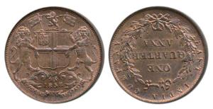 Copper ¼ Anna, 1858, Birmingham Mint, Wreath tips-single leaves, J. Watt and Co, (Prid 156