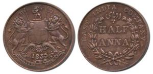 Copper ½ Anna, 1835, Bombay Mint, (Prid 131). Very Fine+.