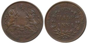 Copper ½ Anna, 1835, Madras Mint, A in India aligned, (Prid 133). Very Fine+.
