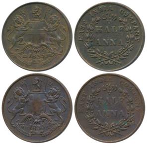 Copper ½ Anna (2), 1835, Madras Mint, A in India raised above; A in India dropped down, bo