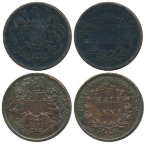 Copper ½ Anna (2), 1835, Calcutta Mint, 4 in date with serif and without serif, (Prid 137 