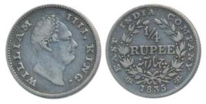 William IV, Silver ¼ Rupee, 1835, Calcutta Mint, F incuse, Wreath with 19 Berries (10L+9R)