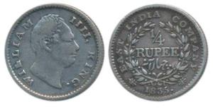 William IV, Silver ¼ Rupee, 1835, Calcutta Mint, Dug out F incuse, Wreath with 18 Berries 