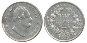 William IV, Silver ½ Rupee, 1835, Calcutta Mint, RS incuse, 21 Berries, (Prid 66). Scratch