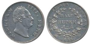 William IV, Silver ½ Rupee, 1835, Calcutta Mint, F incuse, 20 Berries, (Prid 69). Extremel