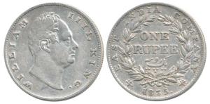 William IV, Silver Rupee, 1835, Calcutta Mint, RS incuse, B / II, Bud leaves, 20 Berries, 