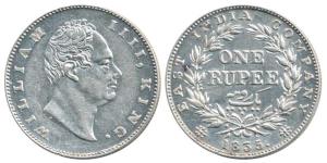 William IV, Silver Rupee, 1835, Calcutta Mint, F incuse, No dot after F, A / II, Bud Leave