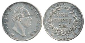 William IV, Silver Rupee, 1835, Calcutta Mint, F incuse, No dot after F, A / II, Two Leave