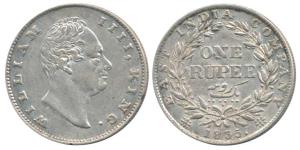 William IV, Silver Rupee, 1835, Calcutta Mint, F incuse, No dot after F, A / III, Bud Leav
