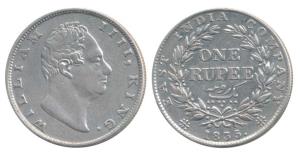 William IV, Silver Rupee, 1835, Calcutta Mint, Dug out F incuse, A / II, two leaves, 19 Be