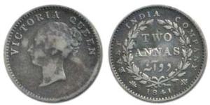 Victoria Queen, Silver 2 Annas, 1841, continuous legend, Calcutta Mint, English Head, Cres