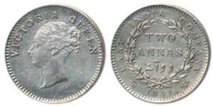 Victoria Queen, Silver 2 Annas, 1841, continuous legend, Calcutta Mint, English Head, Cres