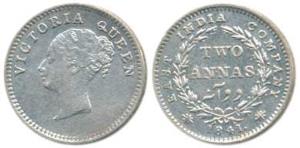 Victoria Queen, Silver 2 Annas, 1841, continuous legend, Madras Mint, English Head, S incu