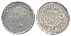 Victoria Queen, Silver 2 Annas, 1841, continuous legend, Madras Mint, English Head, S incu