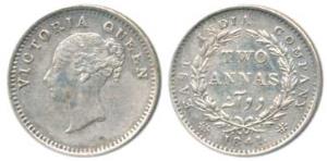 Victoria Queen, Silver 2 Annas, 1841, continuous legend, Madras Mint, English Head, S incu