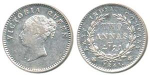 Victoria Queen, Silver 2 Annas, 1841, continuous legend, Bombay Mint, English Head, No ini