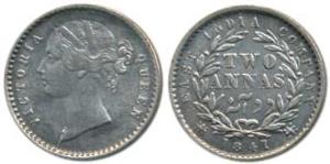 Victoria Queen, Silver 2 Annas, 1841, divided Legend, Calcutta Mint, WW raised, 9 Berries 