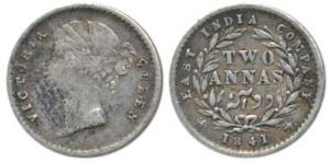 Victoria Queen, Silver 2 Annas, 1841, divided Legend, Calcutta Mint, WW raised, Wavy legen